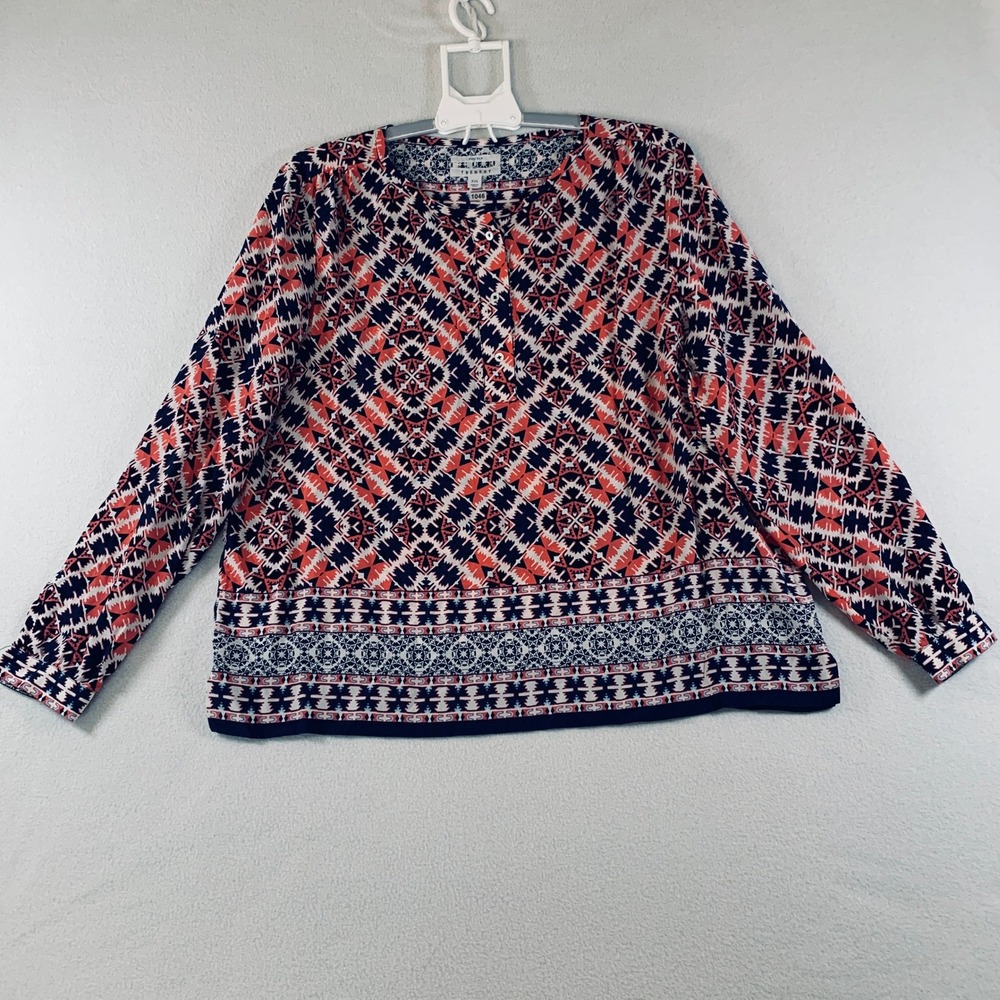 Trenery Pure Silk‎ Blouse Women's Long Sleeve Geometric Top Orange Navy Size XXL